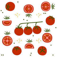 Seamless vector illustration of tomato pattern in minimalist, classic, retro, cute style with various shapes and colors. Suitable for fabric, kitchen decoration, packaging and digital applications.