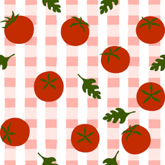Seamless vector illustration of tomato pattern in minimalist, classic, retro, cute style with various shapes and colors. Suitable for fabric, kitchen decoration, packaging and digital applications.