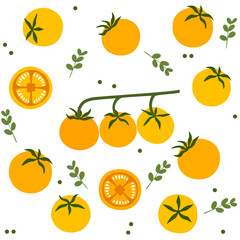Seamless vector illustration of tomato pattern in minimalist, classic, retro, cute style with various shapes and colors. Suitable for fabric, kitchen decoration, packaging and digital applications.