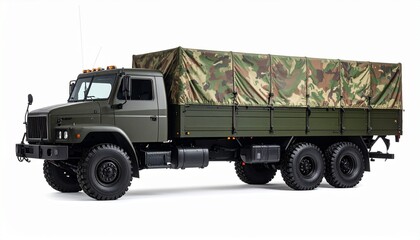 Side View Mockup of a Camouflage Military Transport Truck on White Background