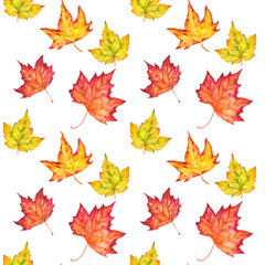 Fototapeta premium Seamless pattern with autumn leaves motifs painted in watercolor. Watercolor autumn leaves in a seamless illustration. Idea for festive decoration and creating prints.