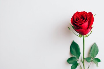 Fototapeta premium Single Red Rose on White Background - A single, elegant red rose with green leaves stands against a clean white backdrop. Perfect for Valentine's Day, anniversary, or romantic themed designs