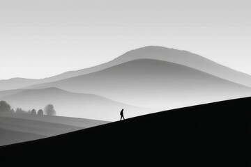 Naklejka premium Solitary Hike Across Rolling Hills - A lone figure walks along a gently sloping hill overlooking a serene landscape of rolling hills under a pale sky