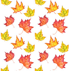 Seamless pattern with autumn leaves motifs painted in watercolor. Watercolor autumn leaves in a seamless illustration. Idea for festive decoration and creating prints.