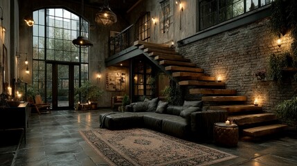 Fototapeta premium Cozy Industrial Living Space with Rustic Staircase and Warm Lighting