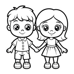 Cute Cartoon Kids Holding Hands: Free Printable  Coloring Page