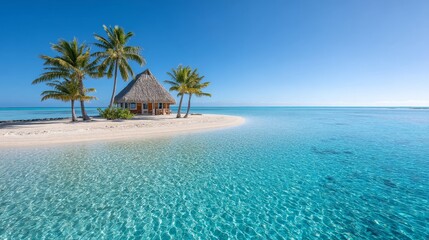 Fototapeta premium Tropical Island Getaway - Secluded tropical island with a thatched hut, palm trees, and crystal-clear turquoise water. Perfect for a relaxing vacation