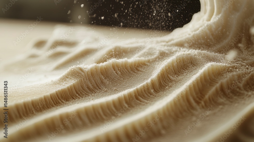 Poster Close-up of textured, beige dough with flour falling onto it, creating a dynamic, three-dimensional surface.