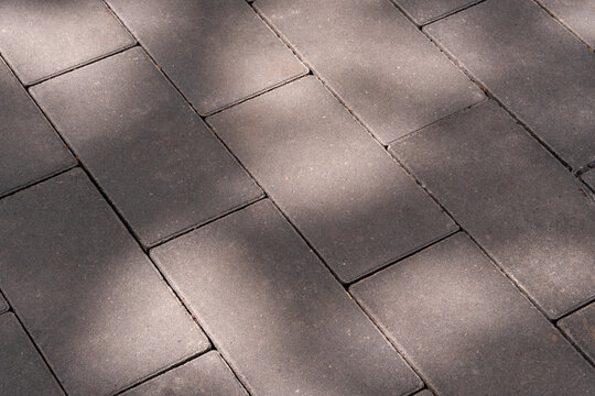 road made of rectangular stone blocks, in the shade of trees, copy space