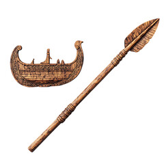 A Wooden Arrow with Viking Ship Carvings Nordic Sag Isolated on Transparent Background