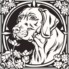Fototapeta premium A striking black and white illustration of a dog in profile, its fur detailed and ears perked up, set against an ornate frame with floral motifs, evoking elegance and sophistication.