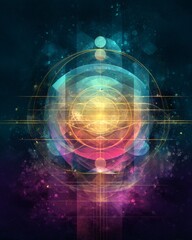 Obraz premium Abstract geometric artwork with colorful spheres and shapes, creating a cosmic and ethereal design