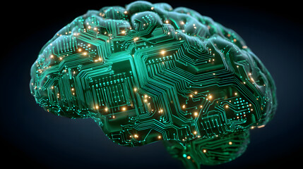 Brain representing artificial intelligence with printed circuit board. light neon hologram style