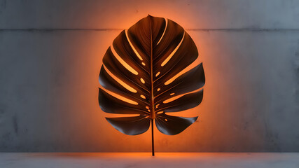Illuminated monstera leaf against orange background creating contemporary tropical aesthetic