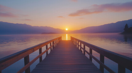 Obraz premium A wooden pier stretches towards the sunrise over a serene lake with misty mountains