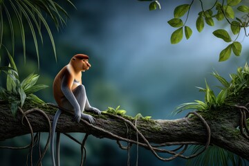 Fototapeta premium Majestic primate resting on a branch in a lush jungle surrounded by vibrant greenery at dusk