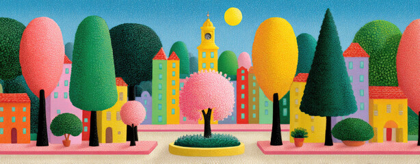 Colorful cityscape features stylized buildings, trees, and a sunny sky. A bright, cheerful scene