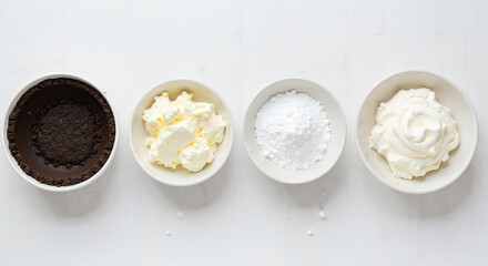 Cheesecake ingredients including crust cream and sugar with copy space