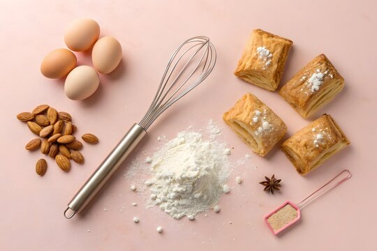 Baking Ingredients: Bread, Flour, Egg, Nuts. World Baking Day background