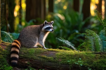 Fototapeta premium Raccoon sits quietly on a mossy log in a lush forest at sunset, illuminated by golden rays filtering through the trees