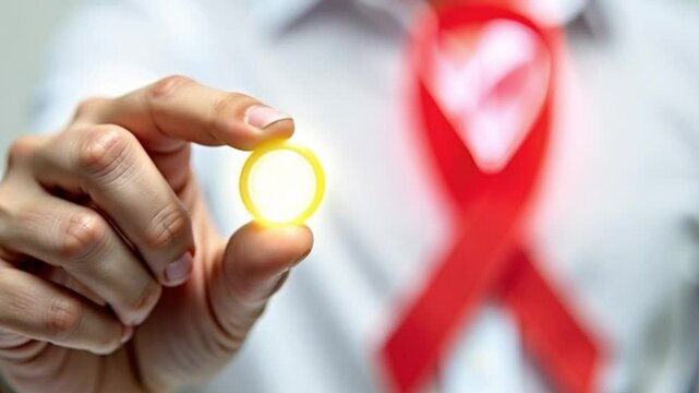 Close-up of hand holding glowing condom with red ribbon in background symbolizing HIV prevention