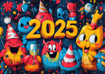 Whimsical illustration of happy cartoon creatures celebrating the year 2025