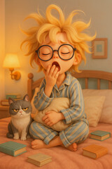 Child with messy hair in pajamas yawns while sitting in bed with a cat surrounded by books in a cozy bedroom at morning