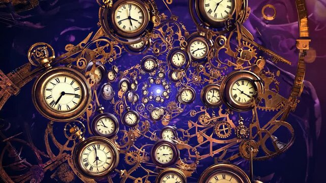 Exploring a mesmerizing spiral of ancient clocks illuminated. motion video.