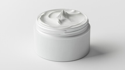 Whipped cream texture in a white jar with a smooth, glossy finish placed against a minimalistic background