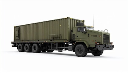 Obraz premium Side View Mockup of a Military Flatbed Truck with Container on White Background