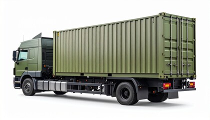 Side View Mockup of a Military Flatbed Truck with Container on White Background