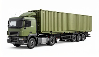 Side View Mockup of a Military Flatbed Truck with Container on White Background