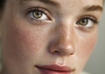 Obraz premium Close-up of a young woman with freckled skin and green eyes.