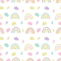 Cute hand-drawn pastel boho rainbow nursery seamless pattern background wallpaper. kids cartoon playful doodle digital paper backdrop