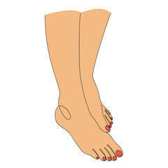 Silhouettes of human legs, feet in modern one line style. Red painted nails. Continuous line drawing, stickers, logo. Vector illustration.
