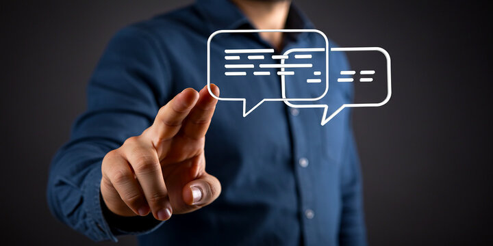 Connecting Ideas Man Touching Speech Bubbles Digital Communication Online Interaction Modern Technology Network