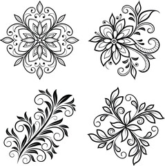 Four floral designs in black and white featuring intricate patterns and elegant swirls on a white background
