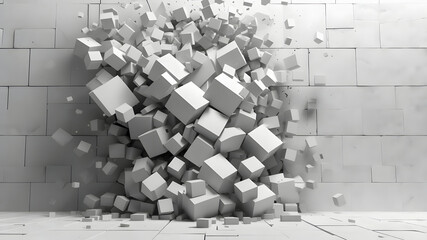 Abstract white brick wall exploding with three dimensional cubes and geometric shapes