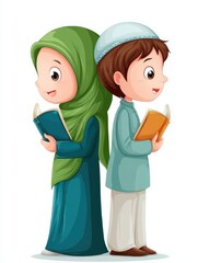 Two children, side by side, reading books.