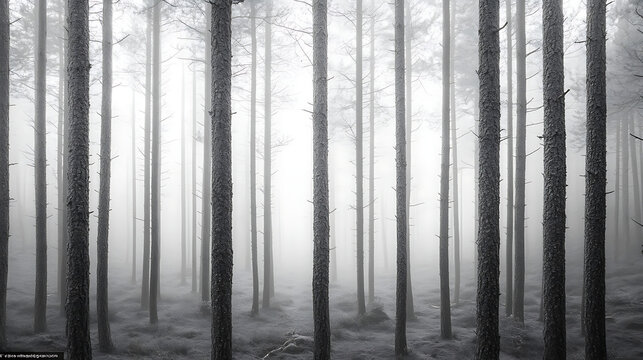 A misty forest with tall straight trees and soft light filtering through  - Powered by Adobe