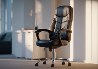 Sleek black office chair in modern sunlit home office.