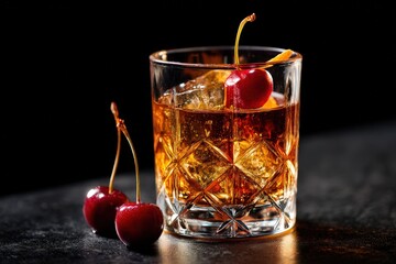 Elegant cocktail with cherries in a glass on a dark background.