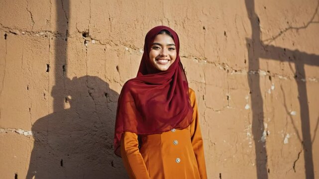 A portrait of a beautiful, smiling woman wearing a hijab, illuminated by sunlight