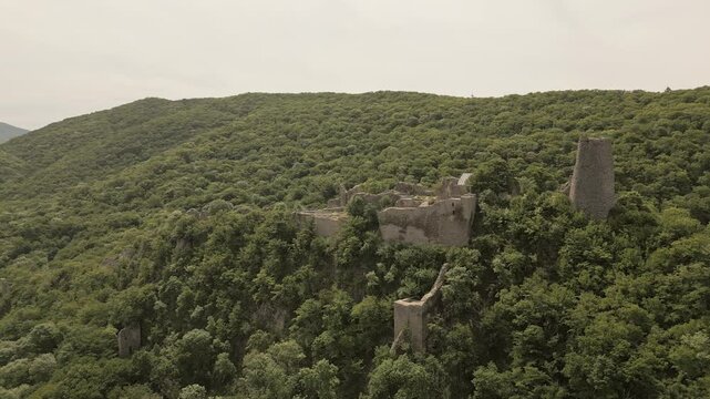 Aerial view Ujarma Fortress. Ancient Hilltop Royal Citadel and Strategic Stronghold of the Iberian Kings in Kakheti, Georgia. Sightseeing destination in Kakheti wine region