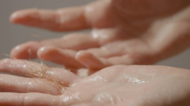 Hands in a shower display strands of hair falling out while washing with body foam. This moment highlights the struggle of hair breakage and the need for care during relaxation.