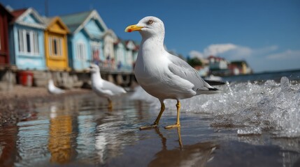 Obraz premium close up a seagull at shore with small fisherman village as background