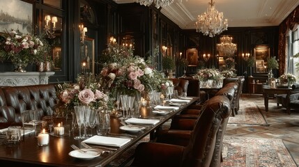 Elegant Dining Room with Luxurious Leather Chairs Floral Centerpieces and Crystal Chandeliers