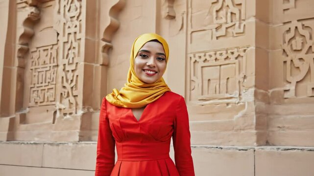 A beautiful woman in a yellow hijab and red dress smiling in front of a wall with an arabesque design