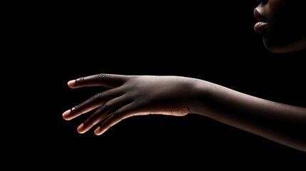 Fototapeta premium Profile view of a reaching hand against a dark background.