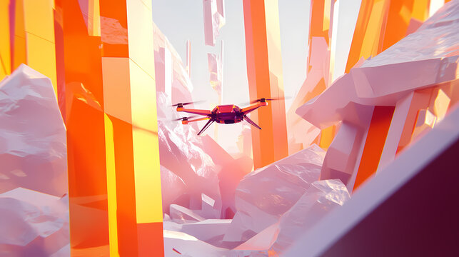 Dynamic low poly drone navigating a vibrant obstacle course, showcasing agility and speed in a futuristic setting. [Whispering Machines] | Digital Moan | low drone. Illustration
